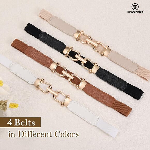 3498 4 Pack Skinny Elastic Belts For Women Gold Buckle Thin Stretchy Waist main image 8